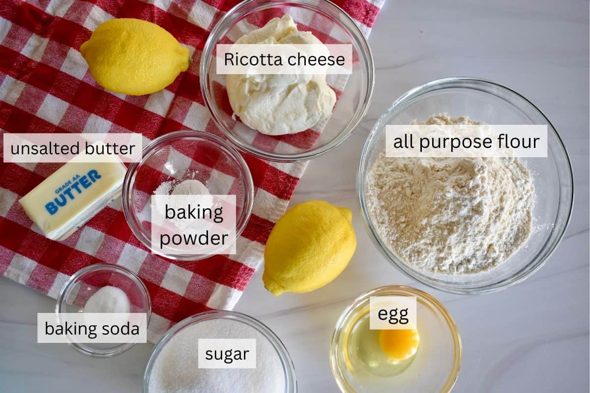 overhead photo of ingredients needed for recipe including flour, butter, and sugar. 