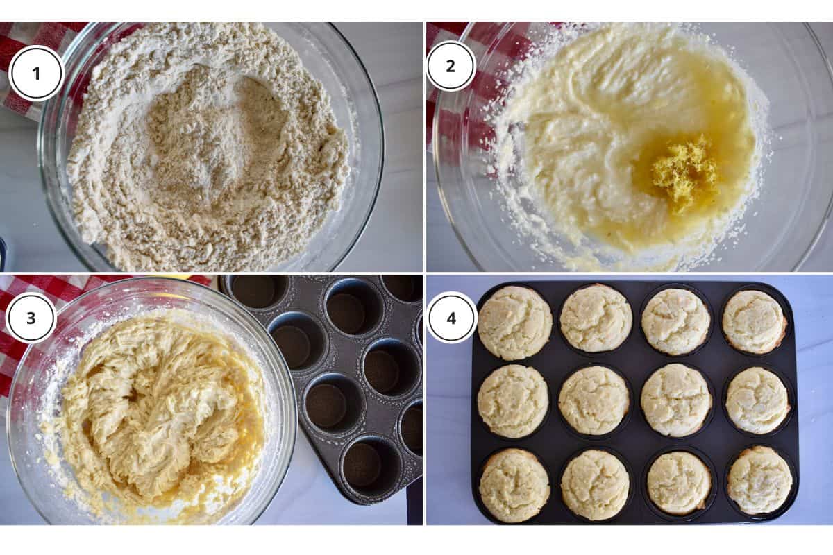 process shots showing how to make recipe including mixing the batter and baking in tin. 