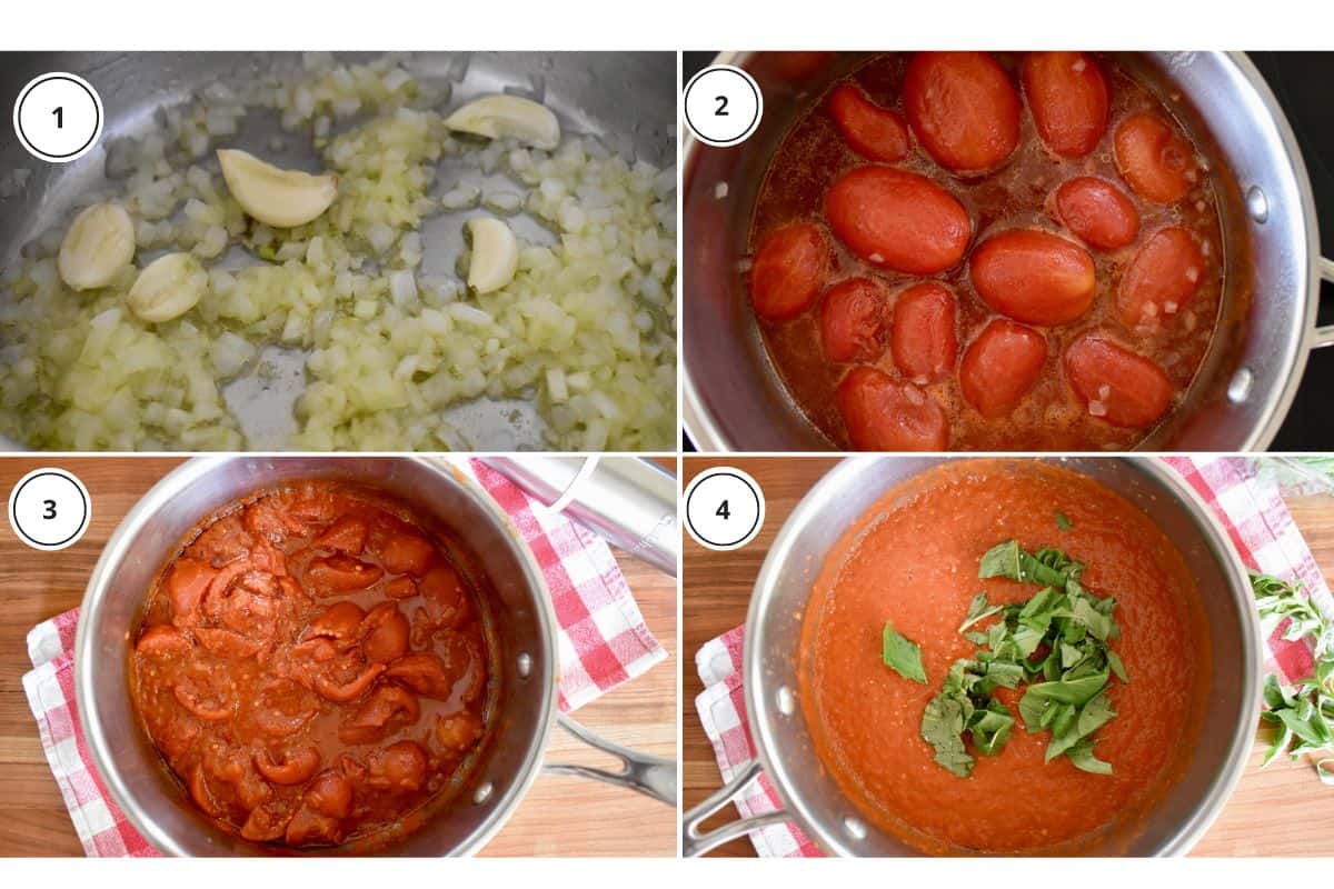 process shots showing how to make recipe including cooking the onions and garlic and adding in the whole peeled tomatoes.