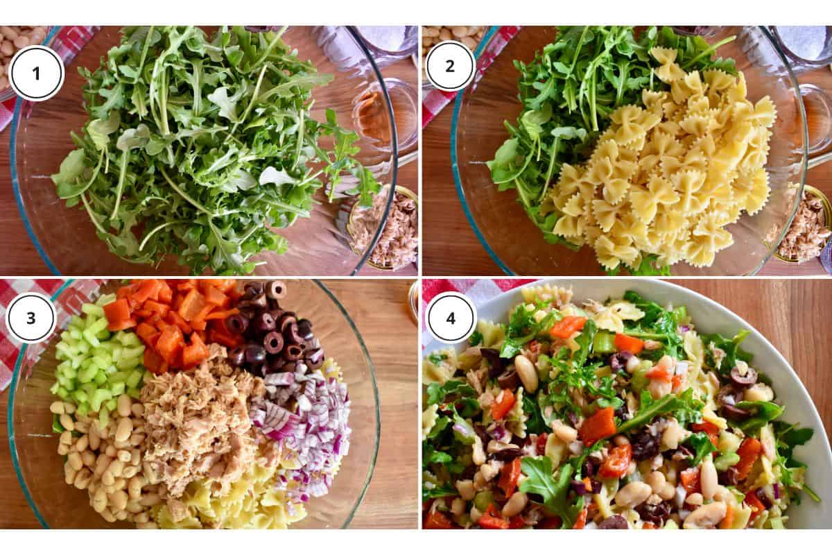 process shots showing how to make recipe including adding the arugula and tossing the farfalle with the other ingredients. 