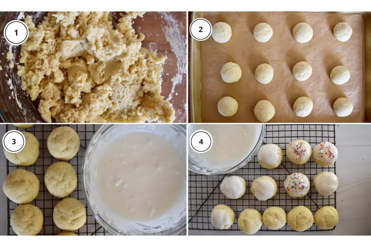 process shots showing how to make recipe including rolling out dough and dipping the tops in icing. 