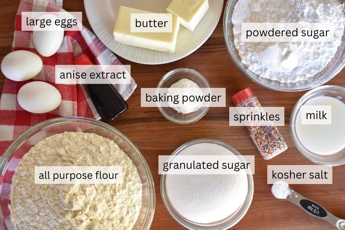 overhead photo of ingredients including flour, butter, sugar, eggs, powdered sugar, and milk.