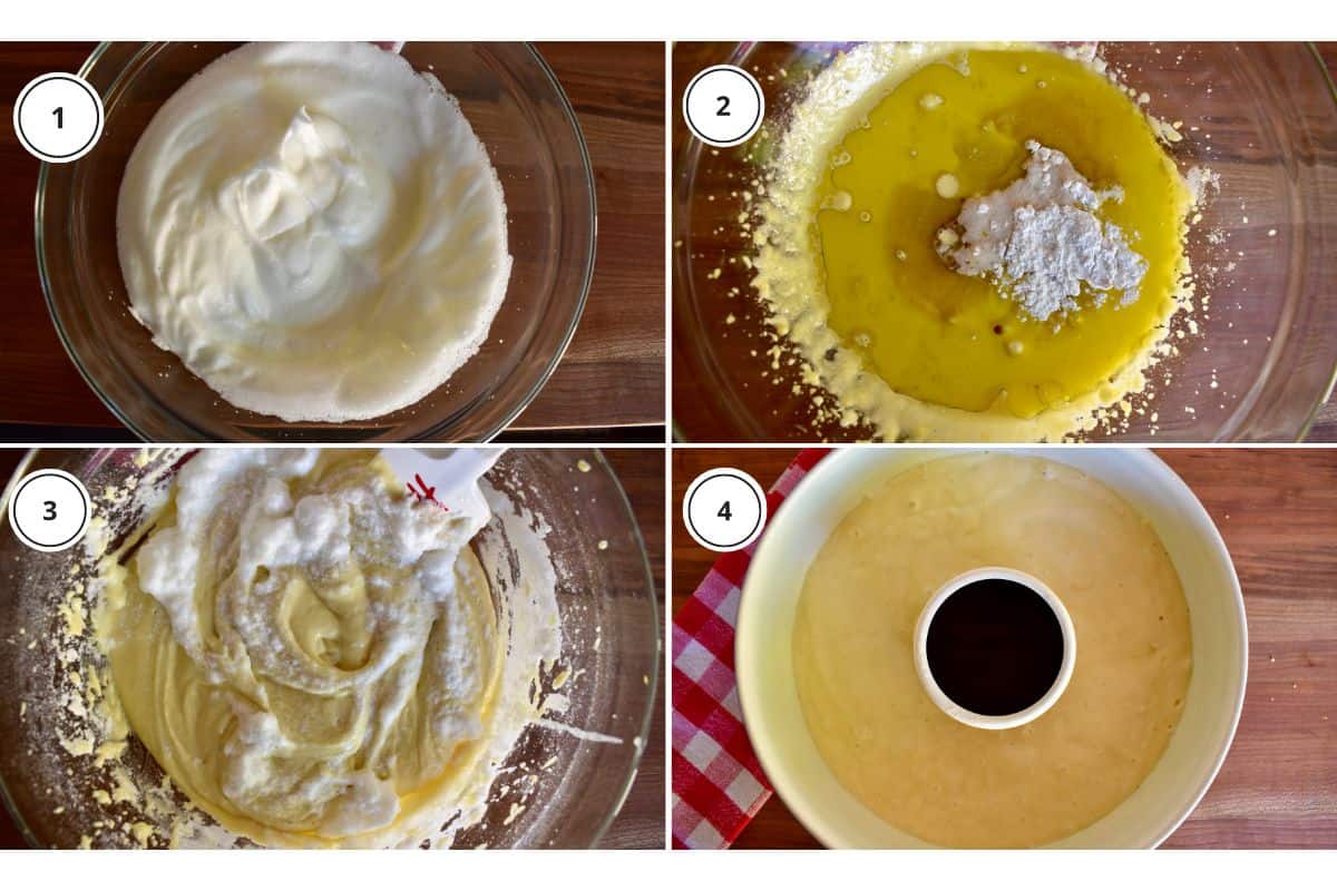 process shots showing how to make recipe including beating the egg whites and pouring into cake pan.