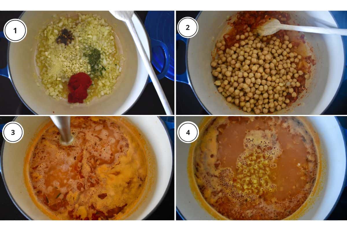 process shots showing how to make recipe including cooking the onions and adding in the chickpeas and rosemary.
