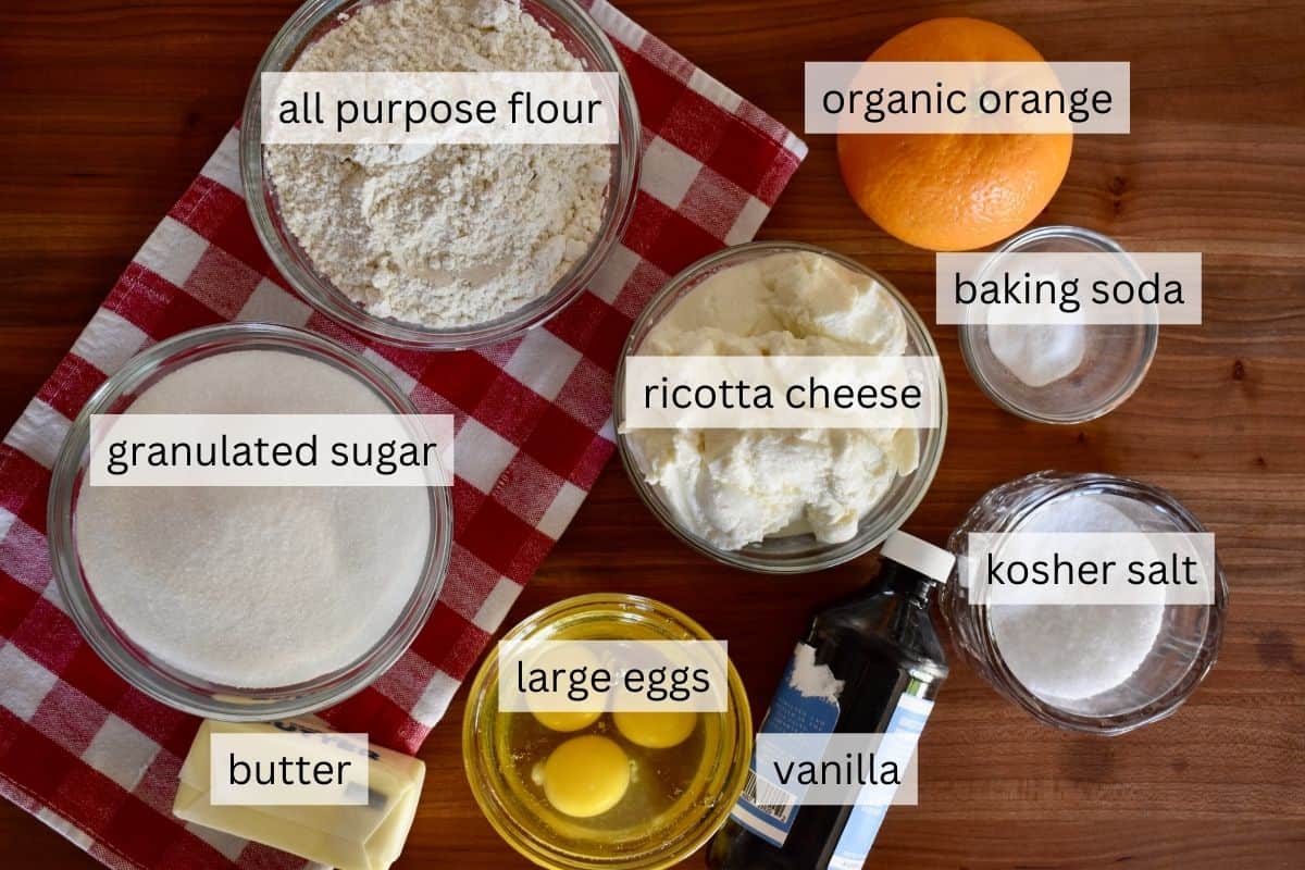 ingredients needed to make recipe including flour, sugar, eggs, butter, and vanilla. 