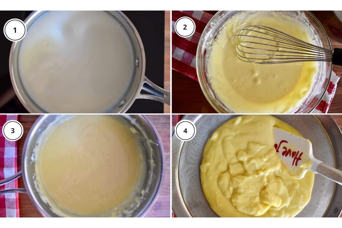 process shots showing how to make recipe including boiling the milk and straining the custard through a fine mesh sieve. 