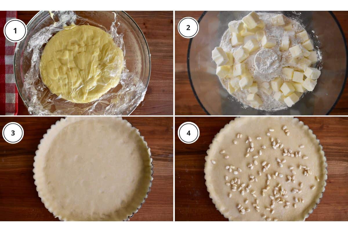 process shots showing how to make recipe including the pastry cream, and the dough rolled out into the tart pan. 