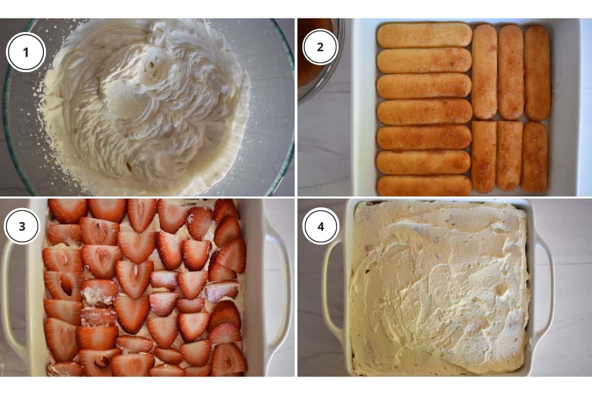 process shots showing how to make the recipe including whipping the mascarpone and cream and soaking the ladyfingers. 