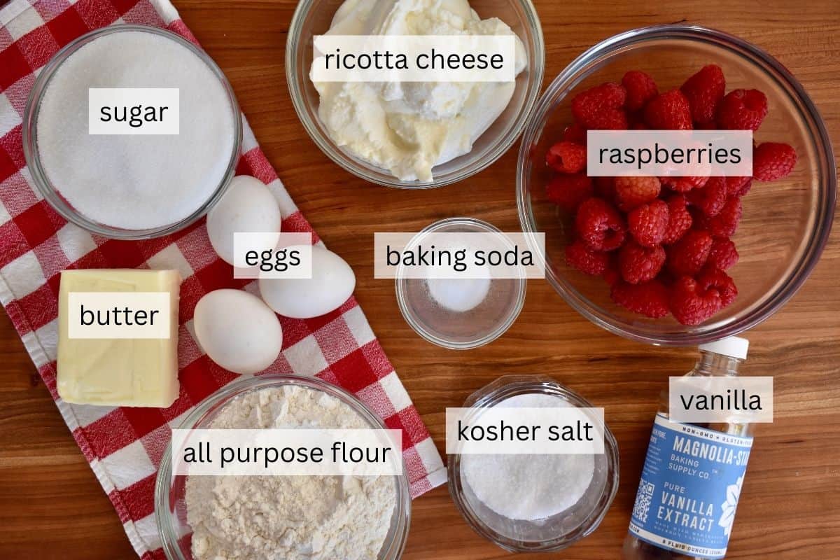 overhead photo of ingredients needed for recipe including flour, butter, sugar, and vanilla. 
