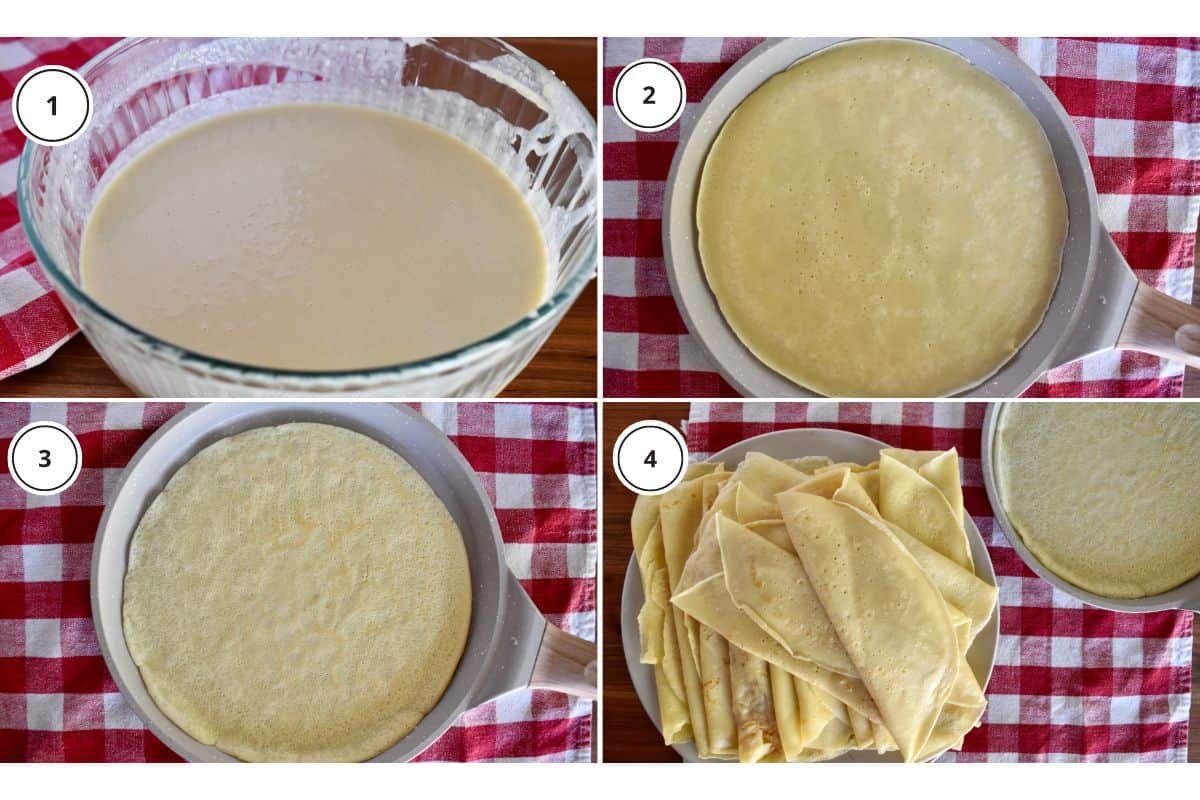 Process shots showing how to make recipe including frying the batter and stacking them on a plate. 
