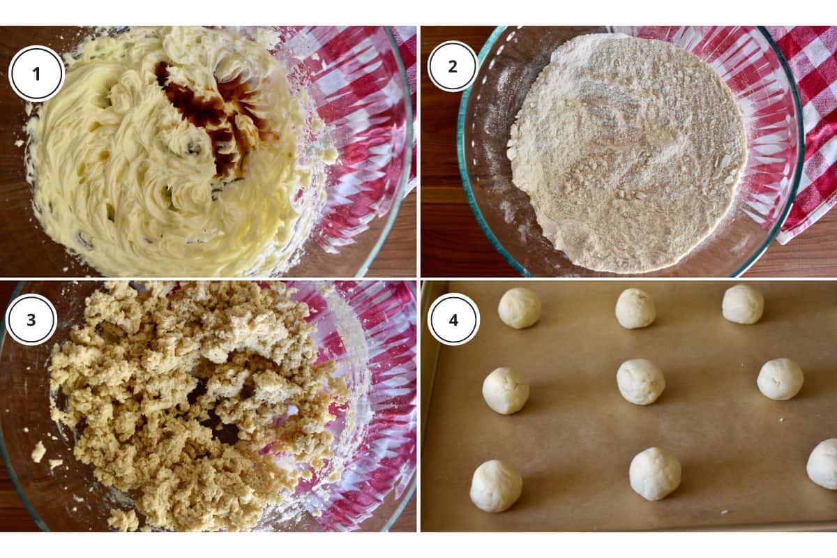 Process shots showing how to make recipe including rolling the dough into balls and placing on a baking sheet. 