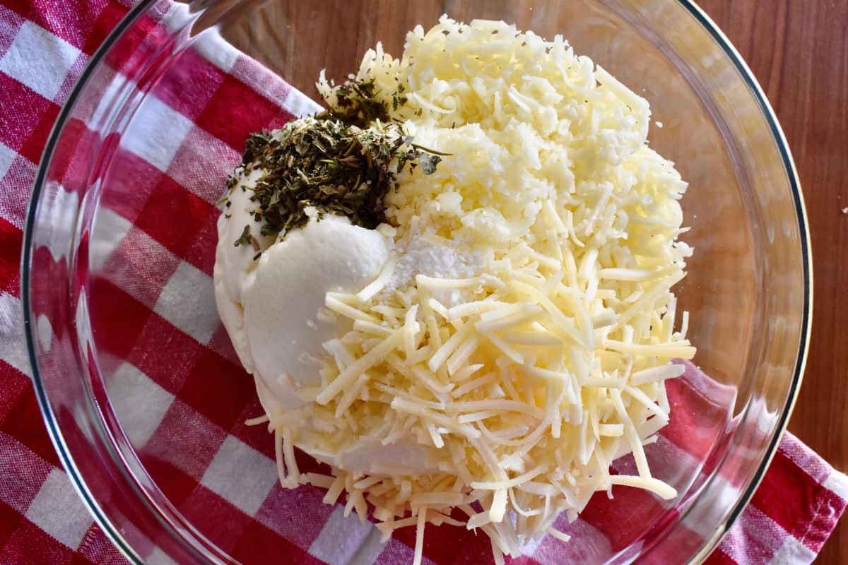 Overhead photo of ingredients in a glass bowl. 