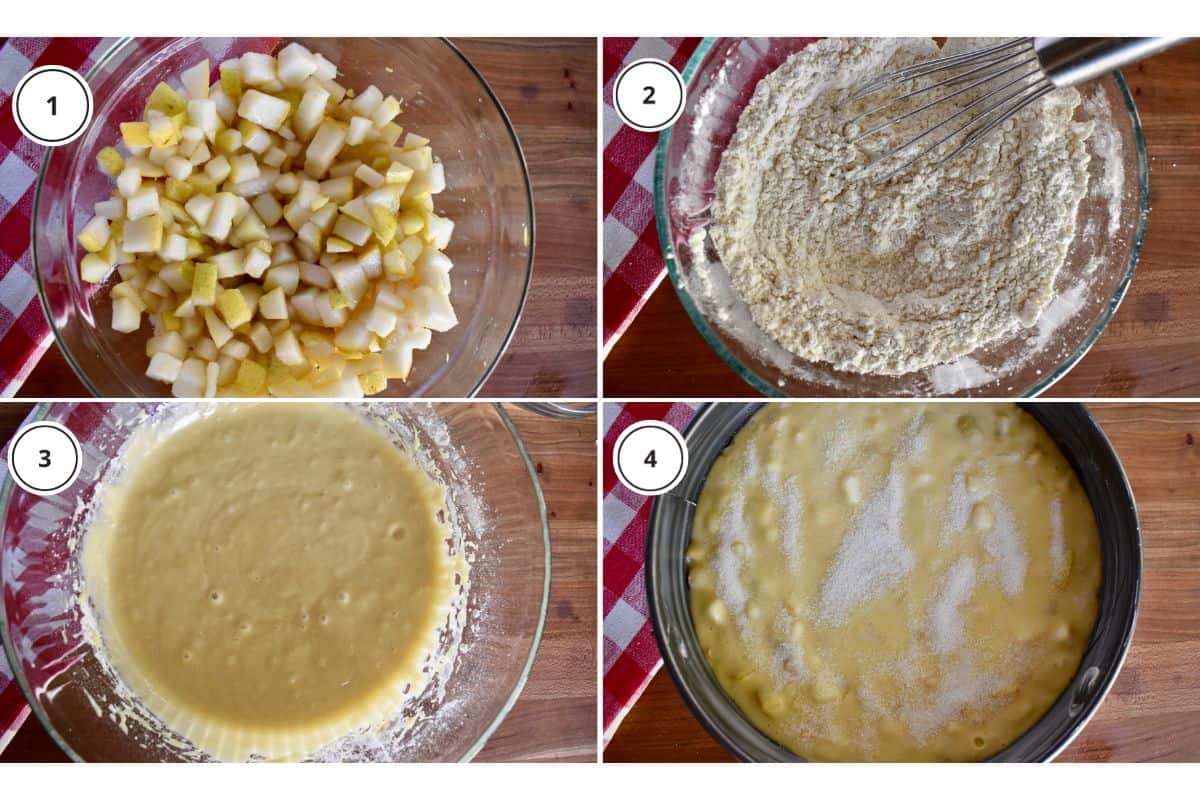 Process shots showing how to make recipe including pouring the batter into the springform pan sprinkled with sugar. 