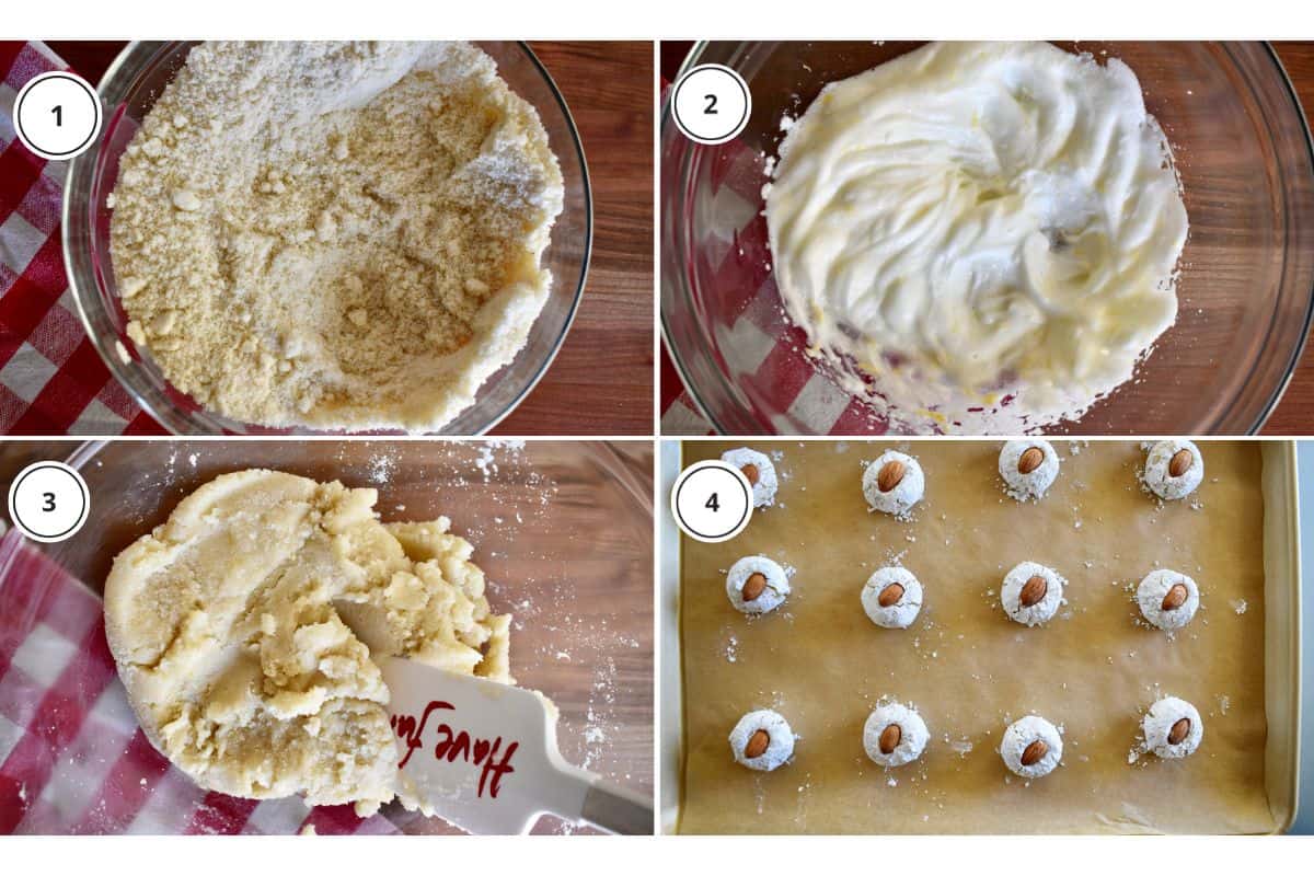 Process shots showing how to make recipe including rolling the dough into balls and tossing with powdered sugar. 