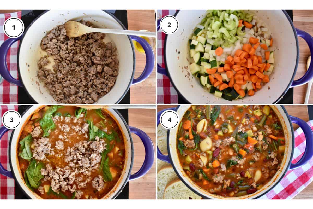 Process shots for recipe including cooking the veggies in a dutch oven. 