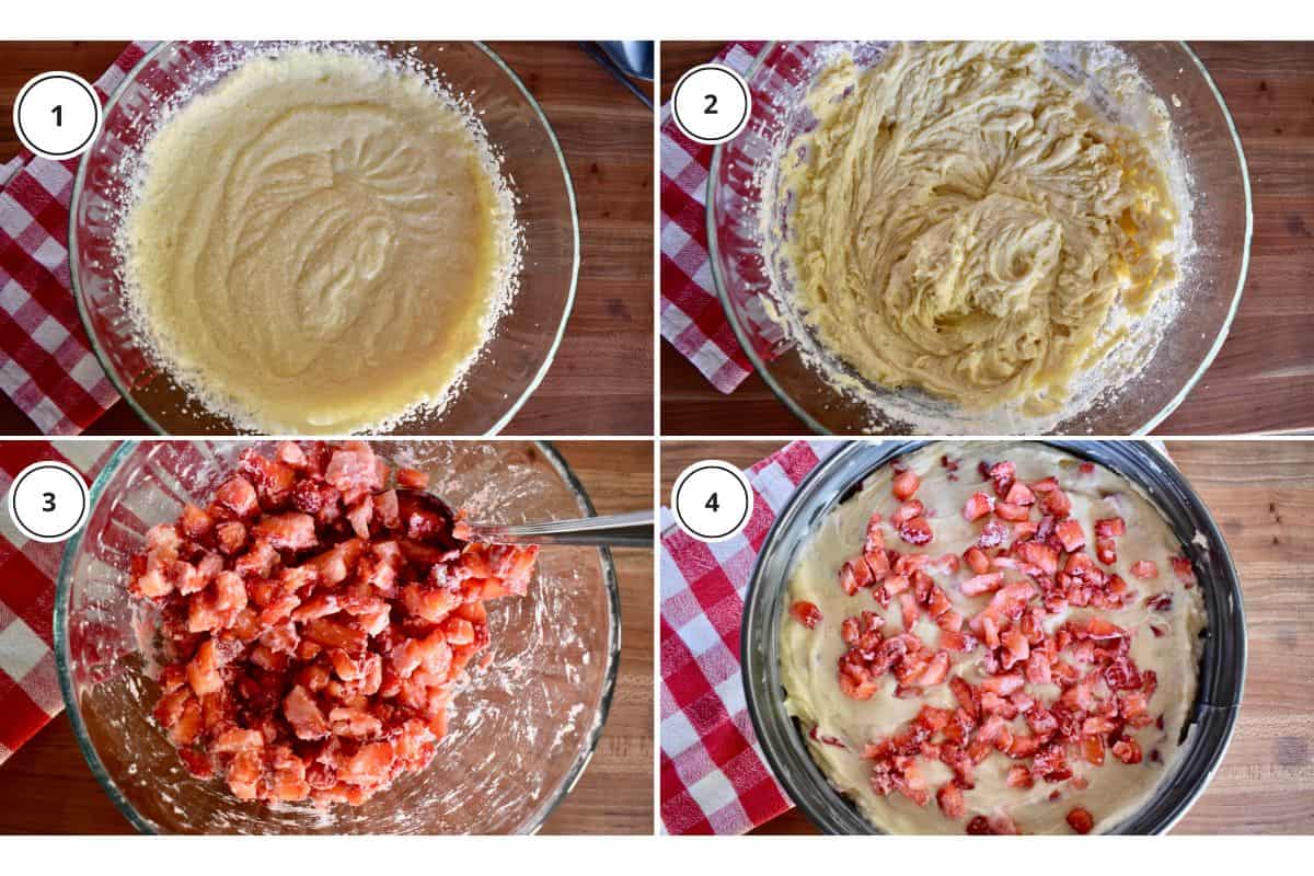 Process shots showing how to make recipe including mixing the ingredients and pouring batter into pan. 