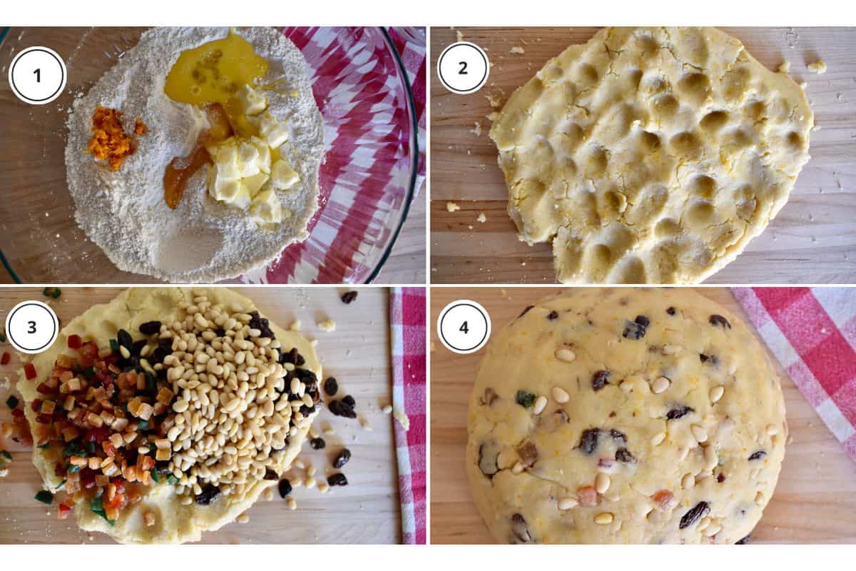 Process shots showing how to make Italian Christmas cake including adding the raisins and pine nuts to the dough. 