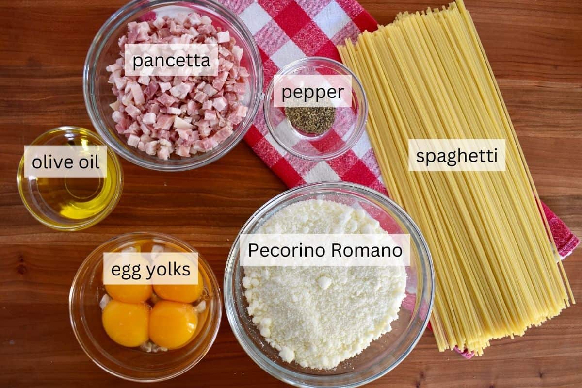 Ingredients including eggs, spaghetti, oil, pecorino romano, and oil. 