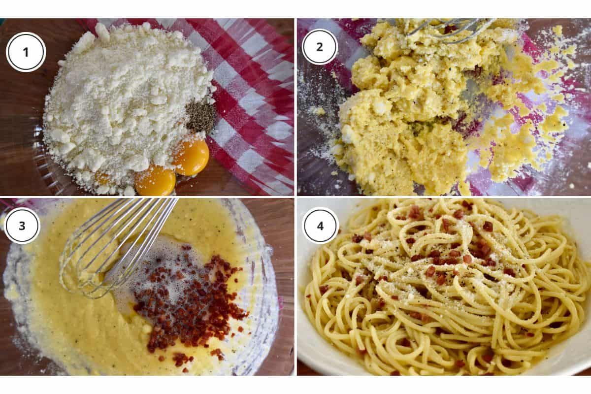 Process shots showing how to make recipe including mixing the egg yolks and pecorino romano and tossed with spaghetti. 
