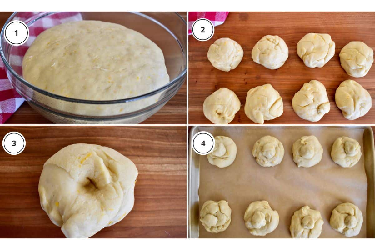 Process shots showing how to form the bread rolls and then top with the col tuppo cap on top. 