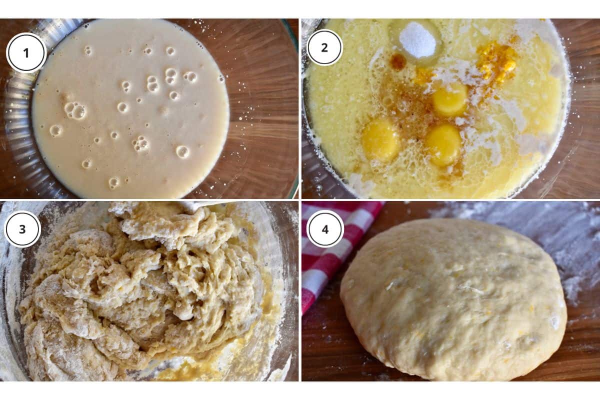 Process shots showing how to make the yeast, add the ingredients, and then form the dough. 