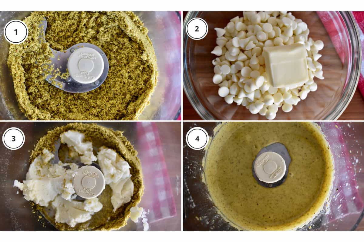 Process shots showing how to make recipe including grinding the nuts and melting the white chocolate and butter. 