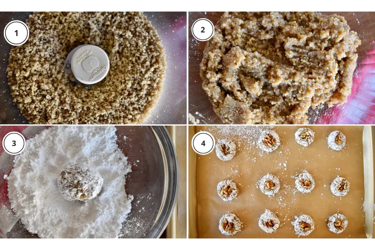 Process shots showing how to make recipe including rolling the dough into powdered sugar and placing on baking mat. 