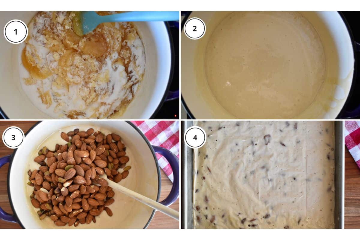 Process shots showing how to make the Italian Christmas Candy including adding in the nuts. 