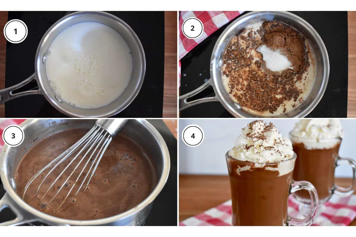 Process shots showing how to make recipe including heating milk in saucepan and adding in other ingredients. 