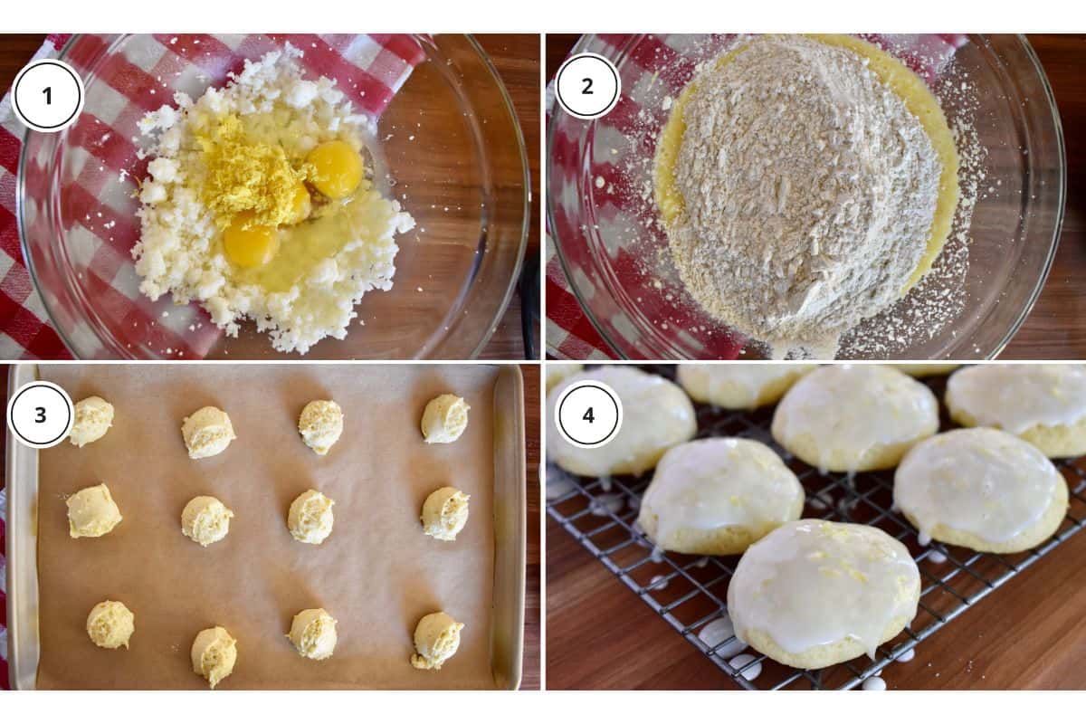 Process shots showing how to make recipe including rolling dough into balls and dipped in glaze. 