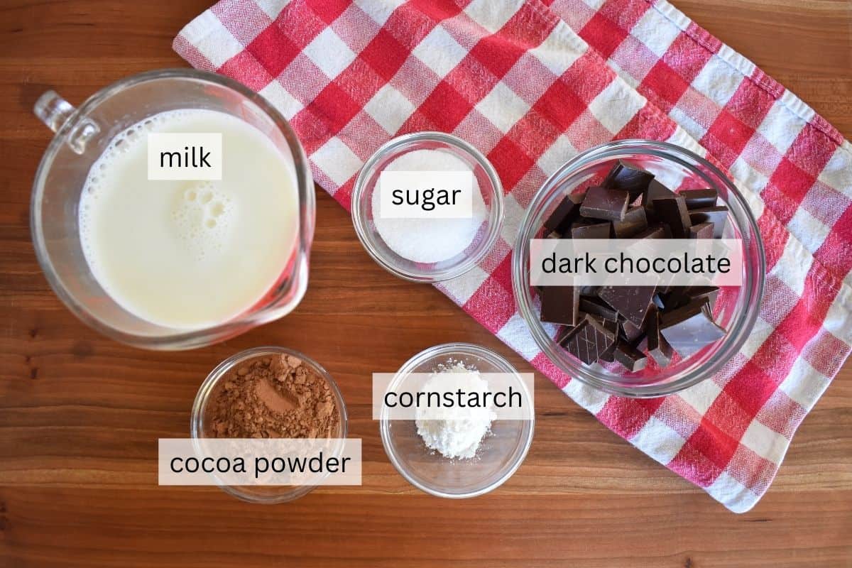 Ingredients including cocoa powder, cornstarch, milk, and sugar. 