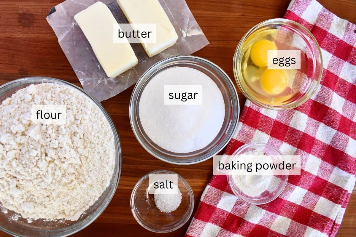 Ingredients for the dough include flour, sugar, salt, baking powder, butter, and eggs.