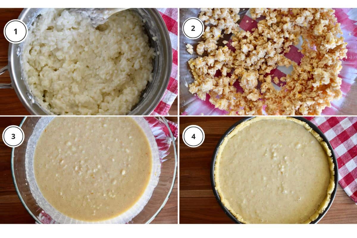 Process shots showing how to make recipe including cooking the arborio in milk, and combining with the ricotta, sugar, and eggs.