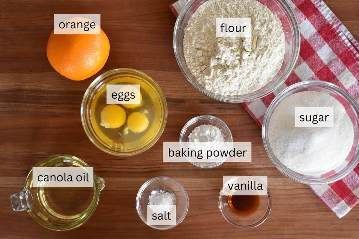 Ingredients for recipe including eggs, sugar, flour, and oil. 