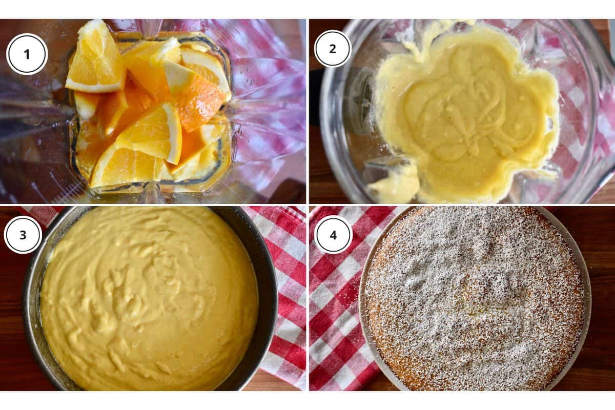 Process shots showing how to make recipe including blending ingredients in a blender and pouring into pan to bake. 
