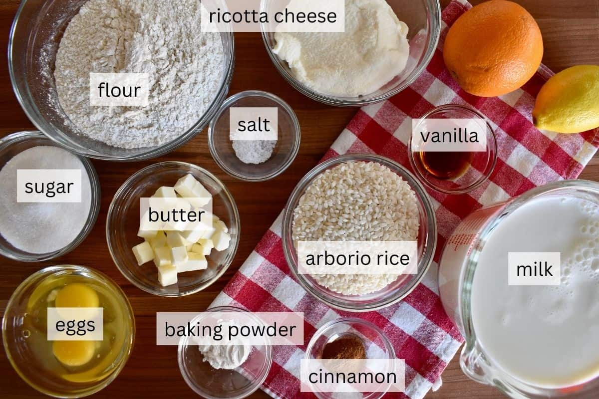 Ingredients for recipe including arborio, sugar, ricotta, eggs, and flour.