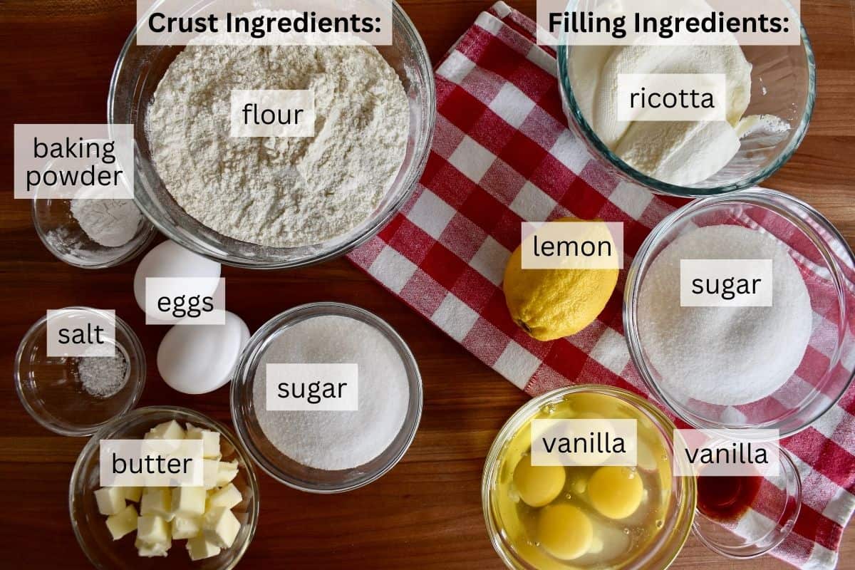 Ingredients for recipe including eggs, flour, sugar, and butter. 