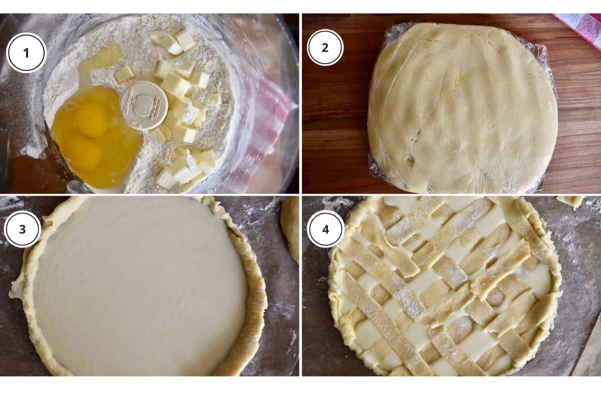 Process shots showing how to make recipe including preparing the crust and pouring in the filling. 