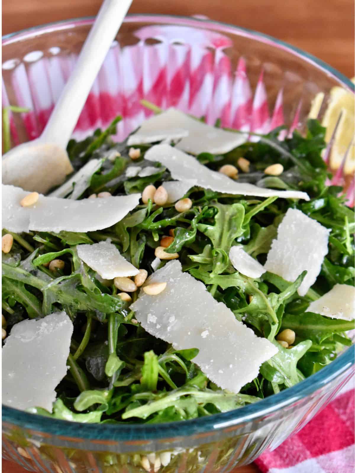 Italian Arugula Salad in a large glass bowl. 