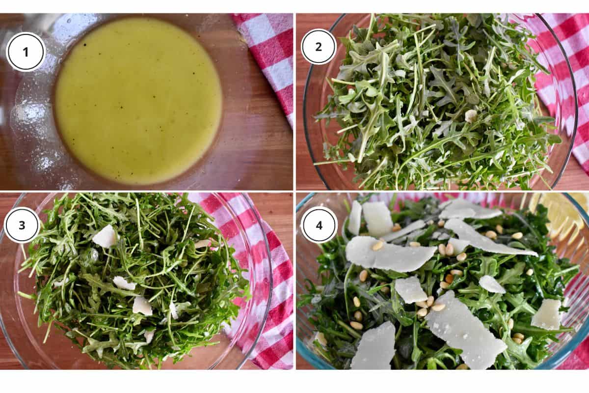 Process shots showing how to make recipe including tossing the greens in lemon vinaigrette and sprinkling on pine nuts. 