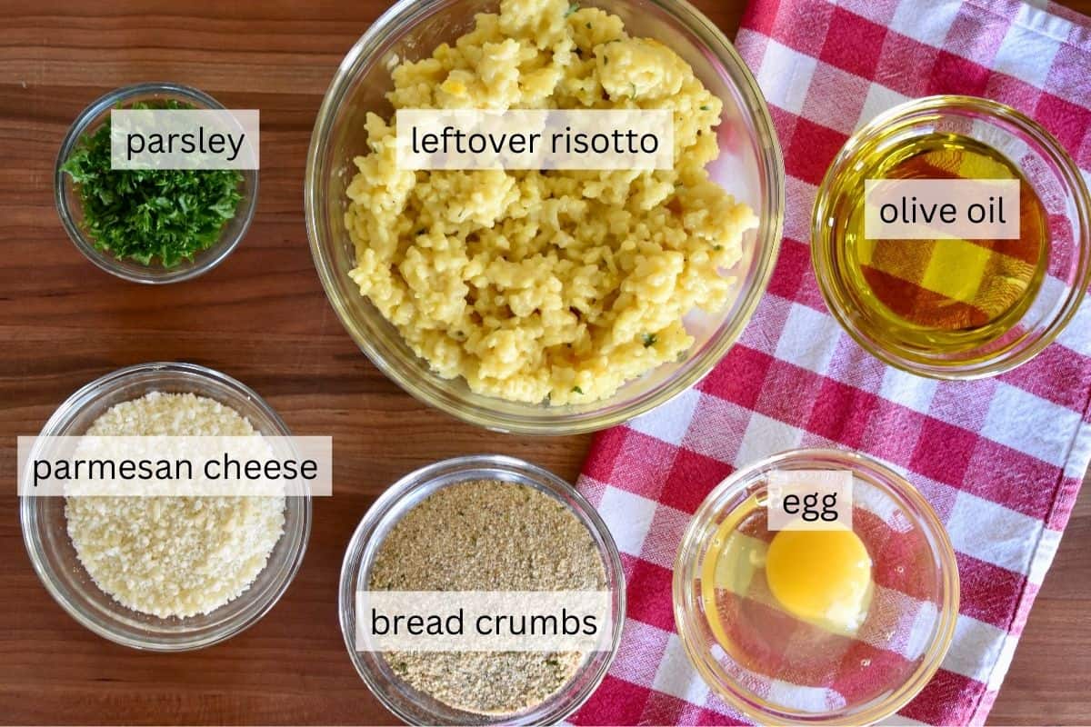 Ingredients for recipe including bread crumbs, cheese, and arborio rice. 