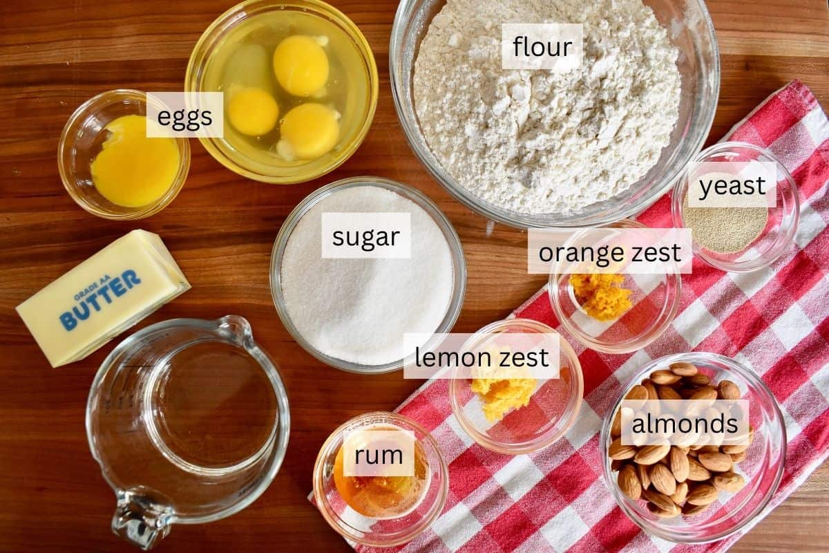 Ingredients for recipe include flour, butter, eggs, orange zest, and raisins.