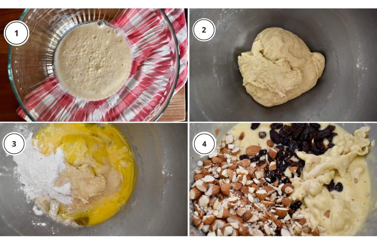 Process shots showing how to make the bread including proofing the yeast and adding in the almonds and raisins. 