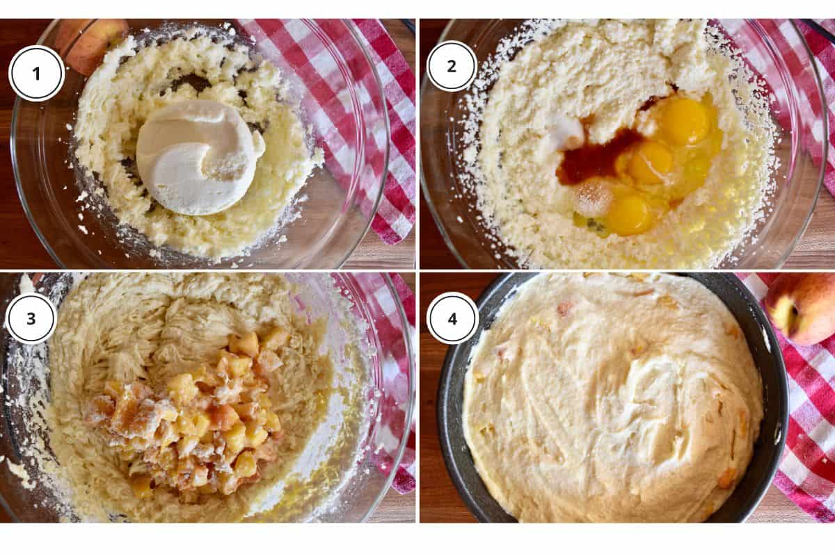 Process shots showing how to make recipe including mixing the batter together and pouring into springform pan to bake. 