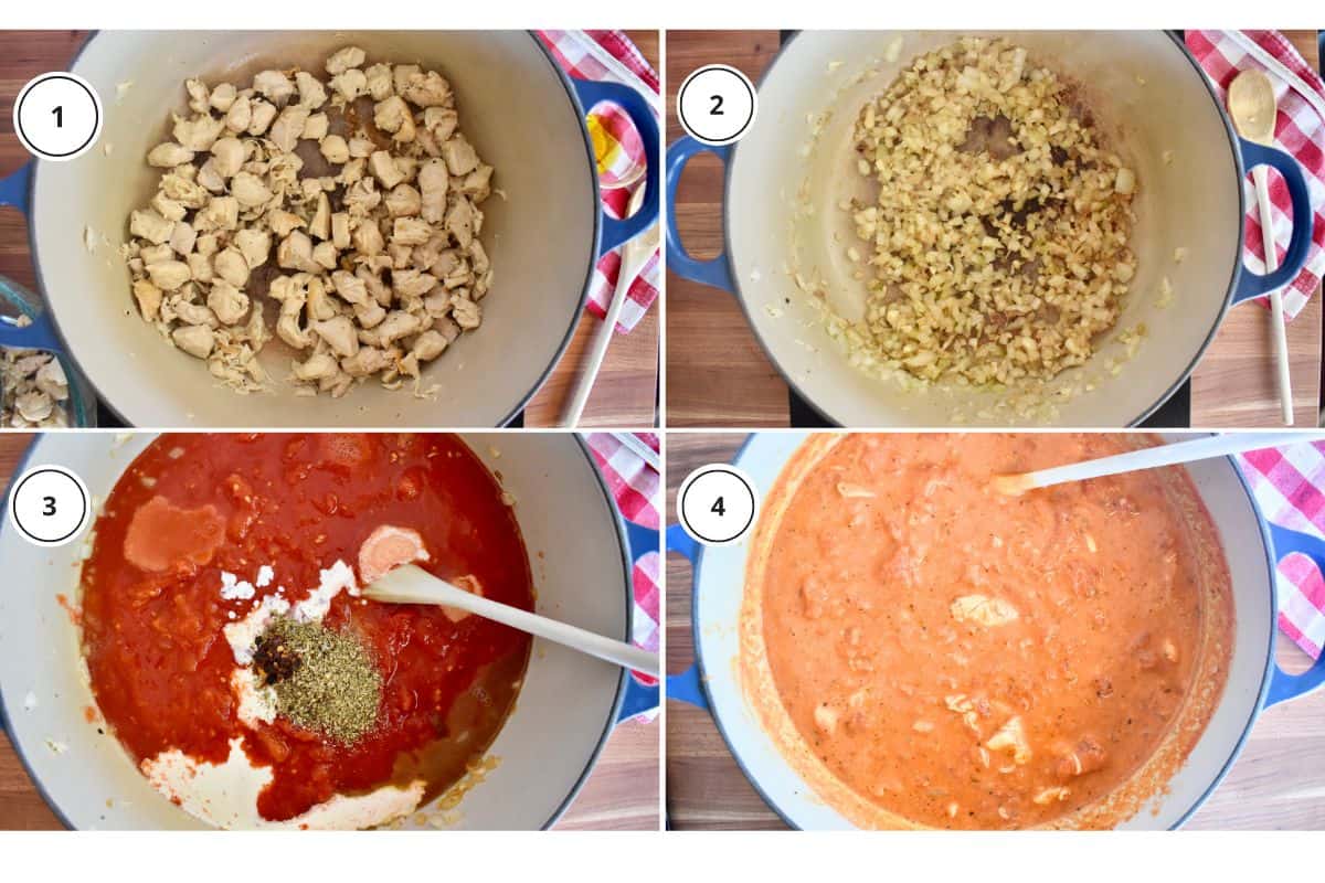 Process shots showing how to make recipe including browning the ingredients, adding the tomato sauce and heavy cream, mixing it with the pasta. 