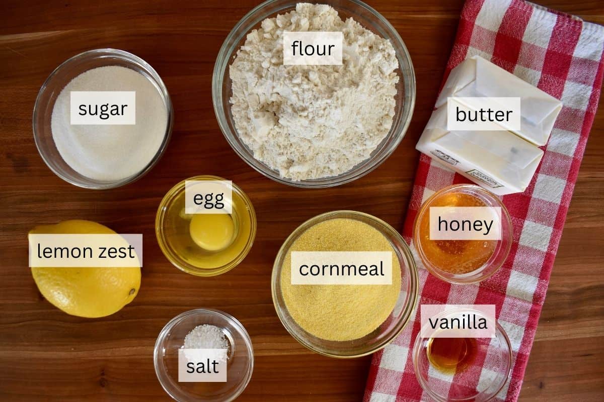 Recipe ingredients including butter, sugar, egg, flour, salt, honey, and vanilla. 