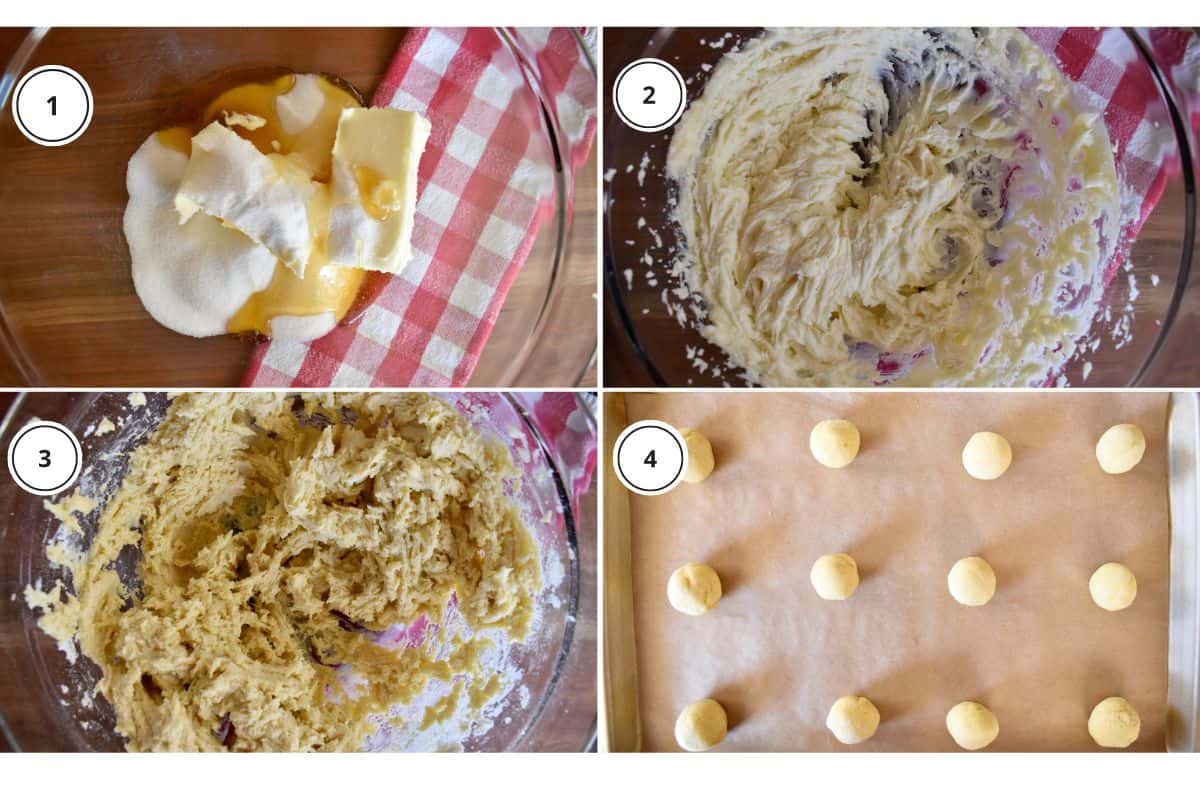 Process shots showing how to make recipe including prepping the dough and chilling it before baking. 