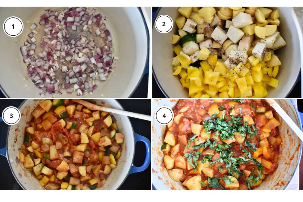 Process shots showing how to make recipe including cooking the vegetables and adding in fresh basil. 