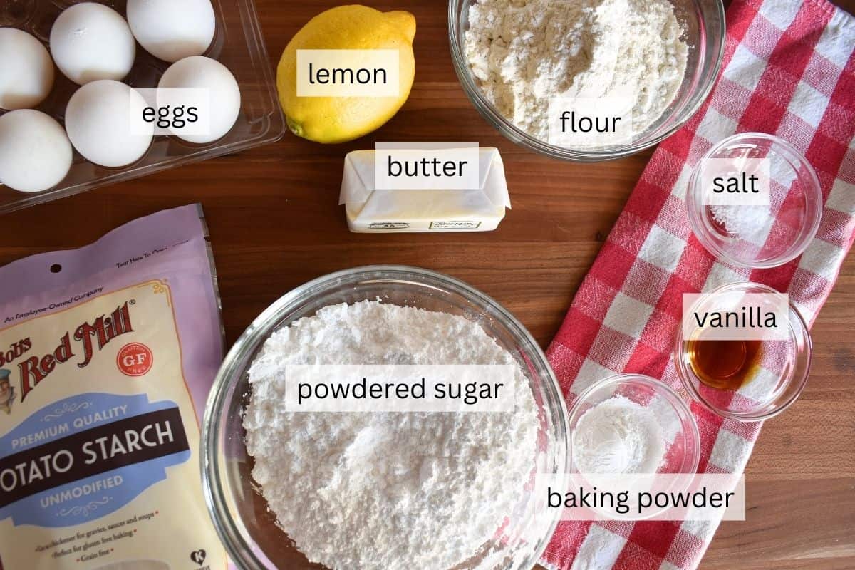 Ingredients for the cake include potato starch, flour, powdered sugar, butter, eggs, and lemon. 