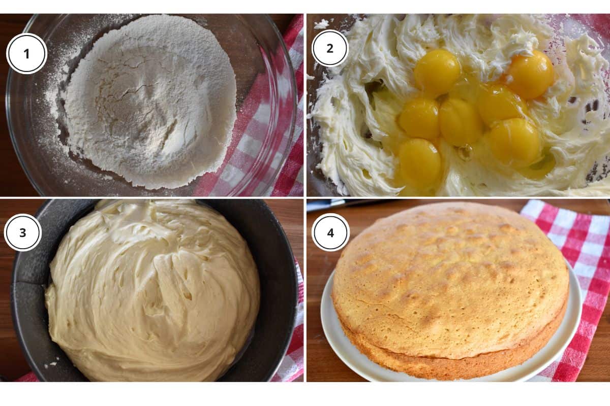 Process shots showing how to make recipe including sifting the potato starch and flour and beating in the eggs. 